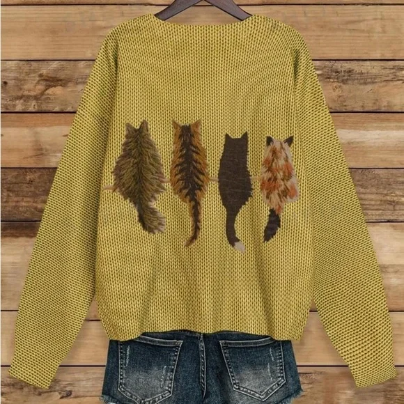 Cat Pattern Round Neck Long Sleeve Casual embroidered Pullover Sweater - Picture 4 of 4